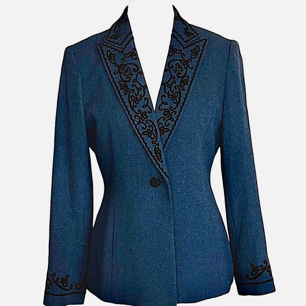 Kasper Laser Cut Flocked Velvet Collar Blazer Gray Black Sz 4P  Elegant Classy